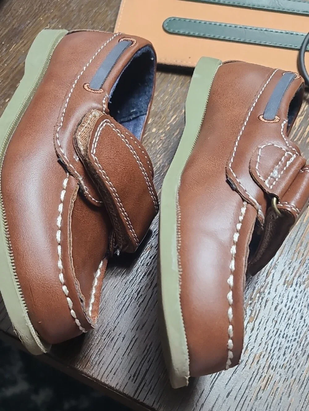 Kids Brown Leather Slip-On Boat Shoes Size 10 Boys with Hook-and-Loop Strap